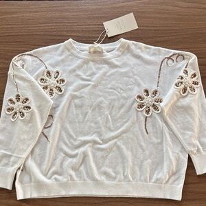 White Sweater Shirt Top with Floral Embroidery